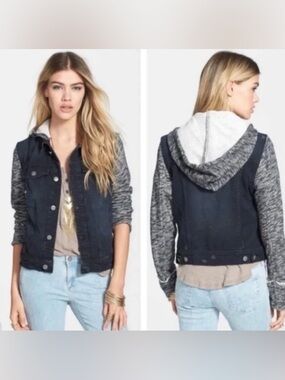 Free People Faux Layered Denim Jacket Knit Sleeve Hooded Boho Moto‎ M